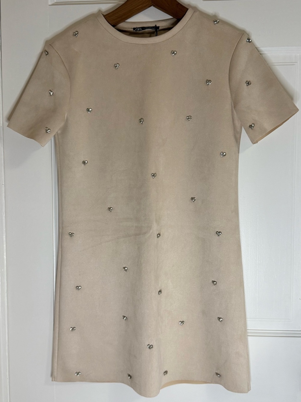 Zara Beige Short-Sleeve Embellished Mini Dress